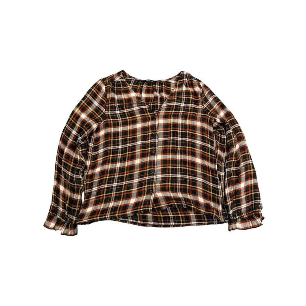 Madewell Women’s Plaid Fall Ruffle-Front Top Size Medium Button Up